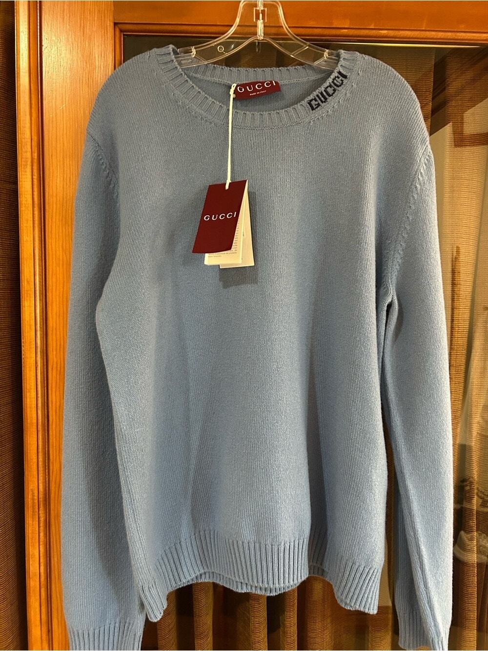 Men's Gucci Light Blue Men's felted wool knit Crewneck Sweater size XXXL Italy